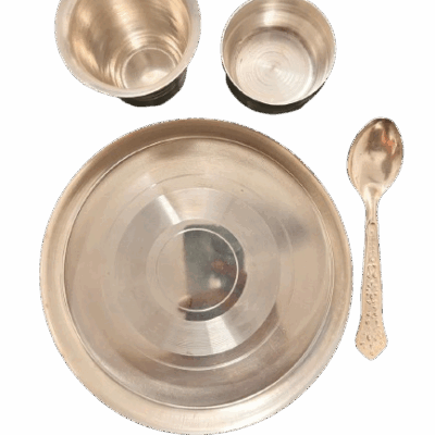 999 Silver Plated Pooja Set with Plate, Glass, Katori, Spoon – 4 Piece