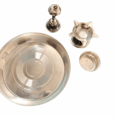 999 Silver Plated Pooja Set – Plate, Bell, Diya, and Katori