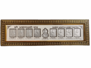 999 silver-plated frame of Shree Ashta Lakshmi Yantra featuring eight forms of Goddess Lakshmi in an ornate gold border