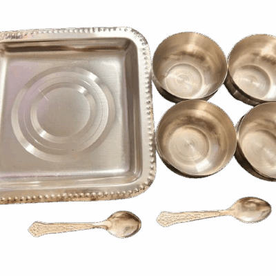 999 Silver Plated Tray Set with 4 Katoris and 2 Spoons – Square Thali