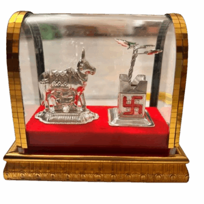Silver Plated Tulsi Kamdhenu Gaye Idol in Display Dome