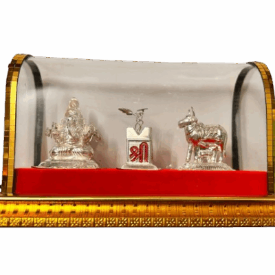 Silver Plated Ganesh with Tulsi & Cow – Sacred Trio for Worship & Gifting