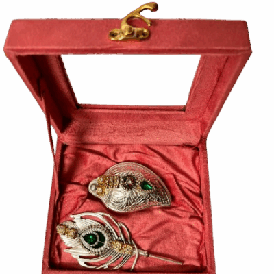 Silver Plated Krishna Sankh (9cm) and Mor Pankh (12cm) with Velvet Gift Box