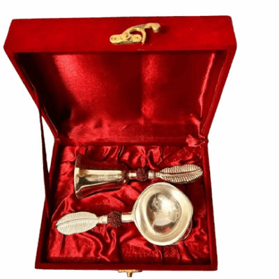 Silver Plated Bell and Diya Set in Velvet Box