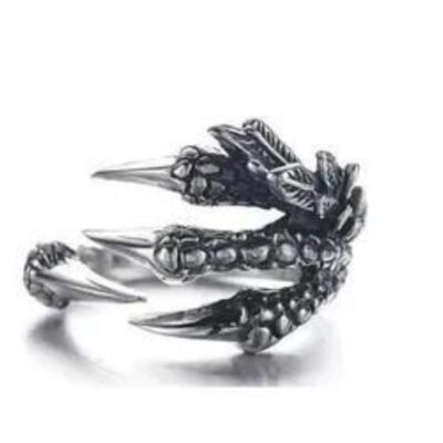 Close-up of a silver-plated ring designed as a detailed eagle's claw with sharp talons.
