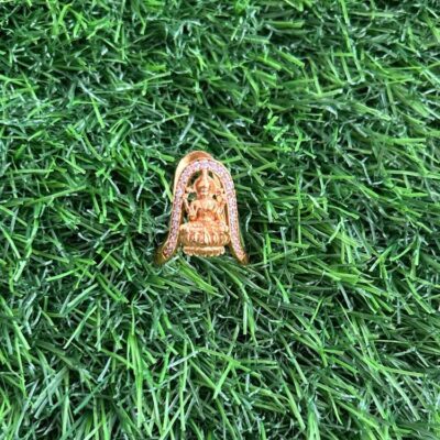 Close-up of a hand wearing a gold-plated ring featuring Goddess Maha Lakshmi with sparkling CZ stones