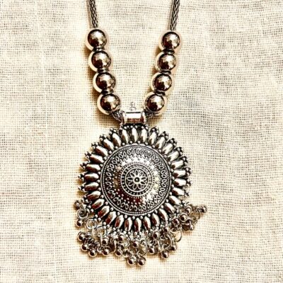 Oxidised Necklace with Floral Sunburst Pendant and Beaded Chain