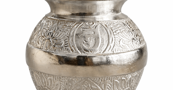 Silver plated metal kalash 3 piece set with nariyal and lotus leaves for pooja