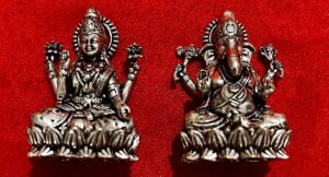 Silver-Plated Oxidised Lakshmi Ji & Ganesh Ji Idol Set – 4.5cm × 3cm × 2cm