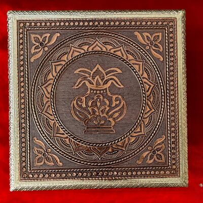 Multipurpose Chowki with Metal Legs – Gold & Copper Foil Engraving – 18cm × 18cm × 5cm